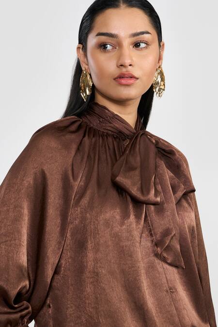 Shop_Perona_Brown Polyester Open Neck Designer Maya Top _Online_at_Aza_Fashions