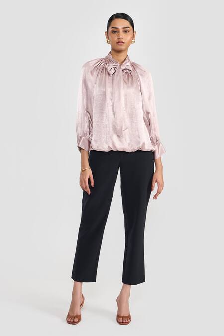 Perona_Rose Gold Polyester Open Neck Maya Designer Top _Online_at_Aza_Fashions