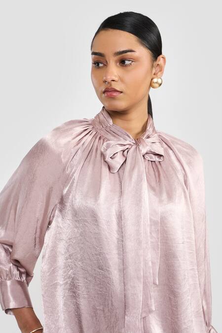 Perona_Rose Gold Polyester Open Neck Maya Designer Top _at_Aza_Fashions