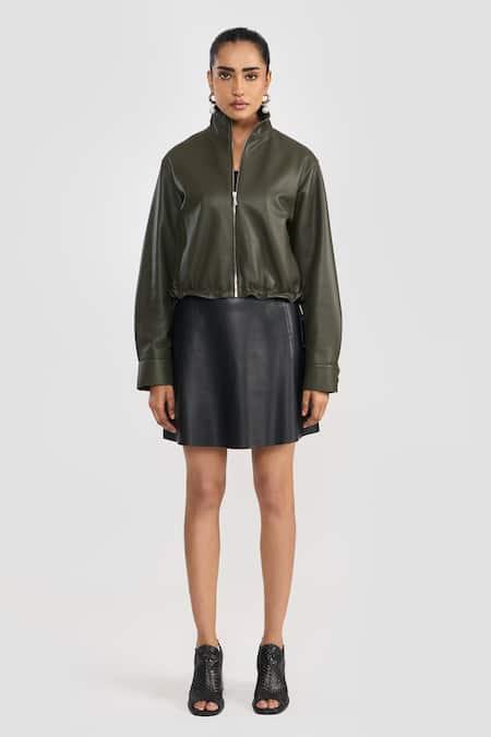 PERONA Olive Green Leather High Neck Lamb Designer Jacket