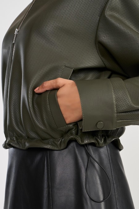 Perona_Olive Green Leather High Neck Lamb Designer Jacket _Online_at_Aza_Fashions