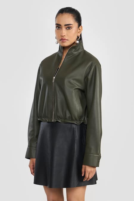 Buy_Perona_Olive Green Leather High Neck Lamb Designer Jacket _Online_at_Aza_Fashions