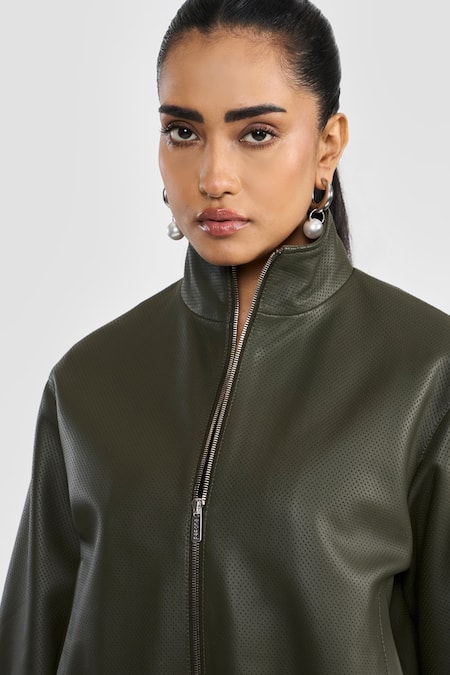 Shop_Perona_Olive Green Leather High Neck Lamb Designer Jacket _Online_at_Aza_Fashions