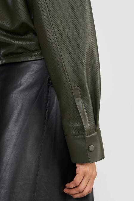 Perona_Olive Green Leather High Neck Lamb Designer Jacket _at_Aza_Fashions