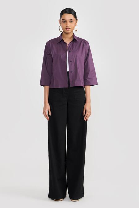 Perona_Purple Cotton Collared Midnight Plum Penny Shirt _Online_at_Aza_Fashions
