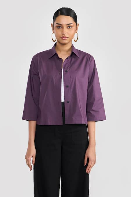 PERONA Purple Cotton Collared Midnight Plum Penny Shirt