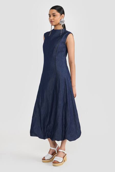 Perona_Navy Linen, Cotton Round Neck Designer Dress _Online_at_Aza_Fashions