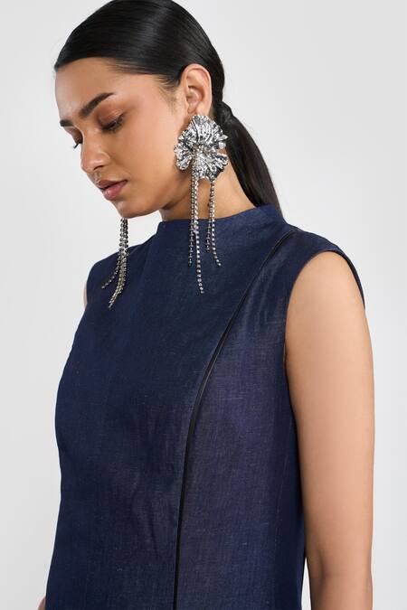 Buy_Perona_Navy Linen, Cotton Round Neck Designer Dress _Online_at_Aza_Fashions