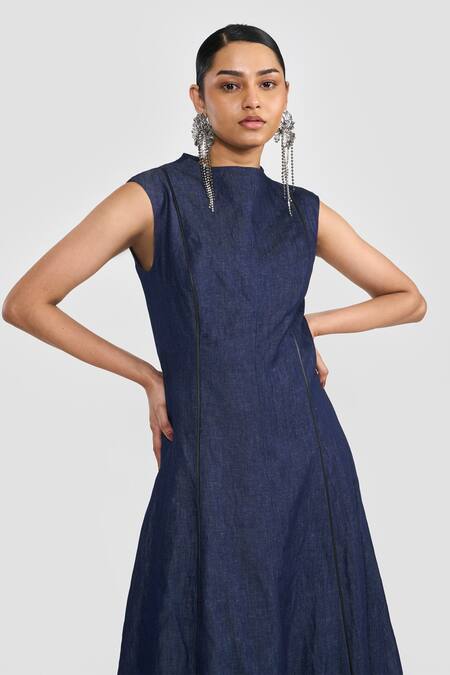 Shop_Perona_Navy Linen, Cotton Round Neck Designer Dress _Online_at_Aza_Fashions