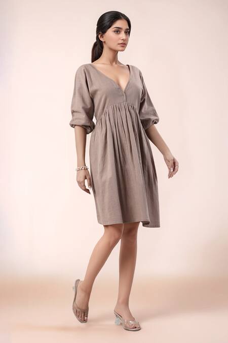 Naintara Bajaj_Brown Cotton V-neck Designer Dress _Online_at_Aza_Fashions