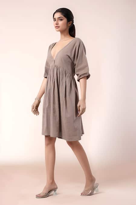 Buy_Naintara Bajaj_Brown Cotton V-neck Designer Dress _Online_at_Aza_Fashions