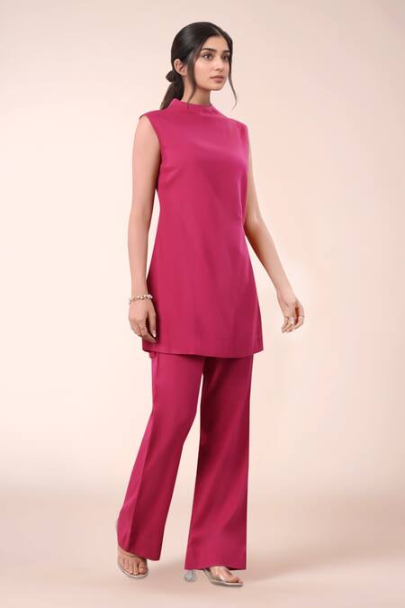 Buy Naintara Bajaj Fuchsia Cotton Mandarin Collar Designer Top And Pant Set Online at Aza Fashions Buy_Naintara Bajaj_Fuchsia Cotton Mandarin Collar Designer Top And Pant Set _Online_at_Aza_Fashions