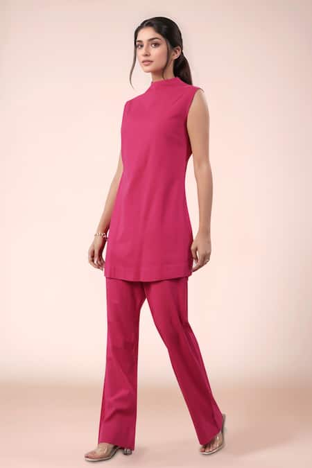 Shop Naintara Bajaj Fuchsia Cotton Mandarin Collar Designer Top And Pant Set Online at Aza Fashions Shop_Naintara Bajaj_Fuchsia Cotton Mandarin Collar Designer Top And Pant Set _Online_at_Aza_Fashions