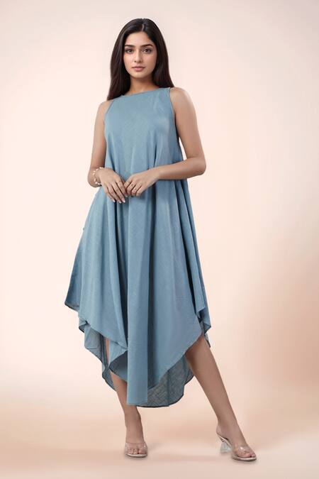 Buy_Naintara Bajaj_Blue Cotton Round Neck Designer Dress _Online_at_Aza_Fashions