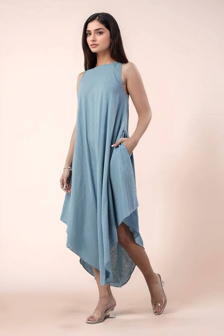 Shop_Naintara Bajaj_Blue Cotton Round Neck Designer Dress _Online_at_Aza_Fashions