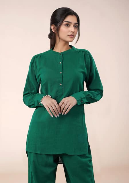Shop Naintara Bajaj Emerald Green Cotton Round Neck Top And Pant Set Online at Aza Fashions Shop_Naintara Bajaj_Emerald Green Cotton Round Neck Top And Pant Set _Online_at_Aza_Fashions