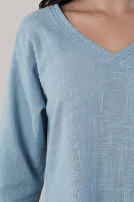 Buy_Naintara Bajaj_Blue Cotton V-neck Dress _Online_at_Aza_Fashions