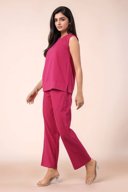 Shop Naintara Bajaj Fuchsia Cotton Round Neck Top And Pant Set Online at Aza Fashions Shop_Naintara Bajaj_Fuchsia Cotton Round Neck Top And Pant Set _Online_at_Aza_Fashions
