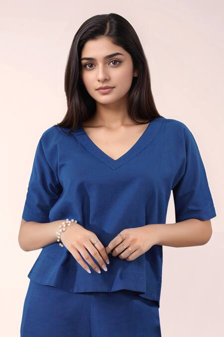 Shop_Naintara Bajaj_Blue Cotton V-neck Designer Top And Pant Set _Online_at_Aza_Fashions