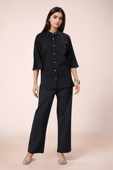 Samyukta Singhania Black Cotton Mandarin Collar Shirt And Pant Set