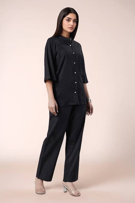 Buy_Naintara Bajaj_Black Cotton Mandarin Collar Shirt And Pant Set _Online_at_Aza_Fashions