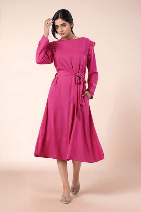 Samyukta Singhania Pink Cotton Round Neck Designer Dress With Ruffle Sleeves