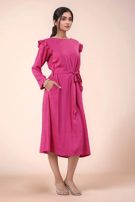 Naintara Bajaj_Pink Cotton Round Neck Designer Dress With Ruffle Sleeves _Online_at_Aza_Fashions