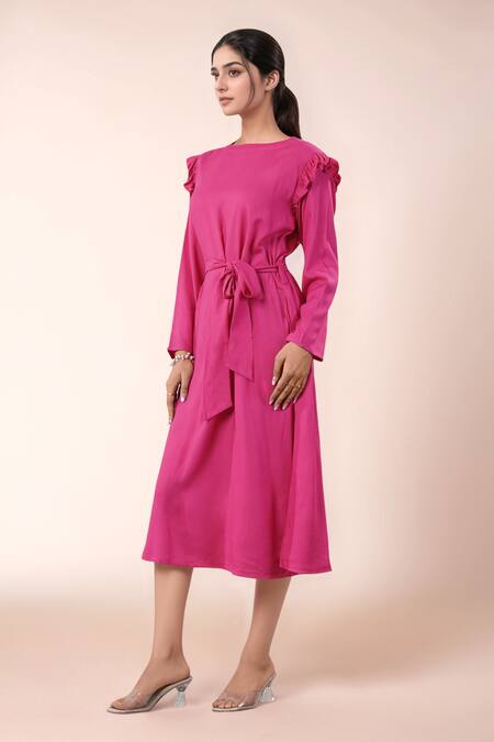 Buy_Naintara Bajaj_Pink Cotton Round Neck Designer Dress With Ruffle Sleeves _Online_at_Aza_Fashions