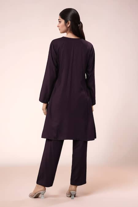 Naintara Bajaj Wine Rayon Cotton Kurta Pant Set