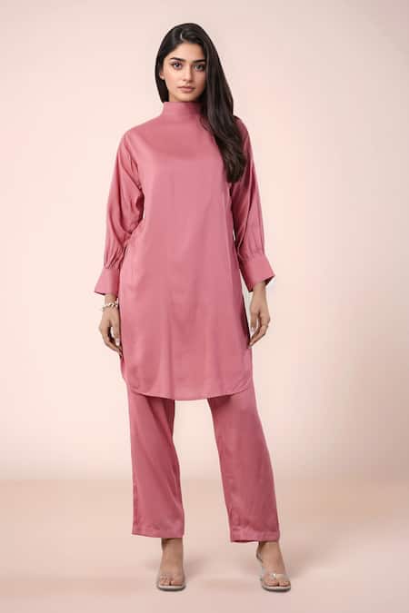 Samyukta Singhania Peach Rayon, Cotton High Neck Designer Kurta Pant Set