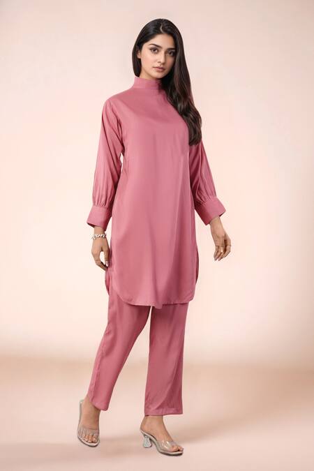 Naintara Bajaj_Peach Rayon, Cotton High Neck Designer Kurta Pant Set _Online_at_Aza_Fashions