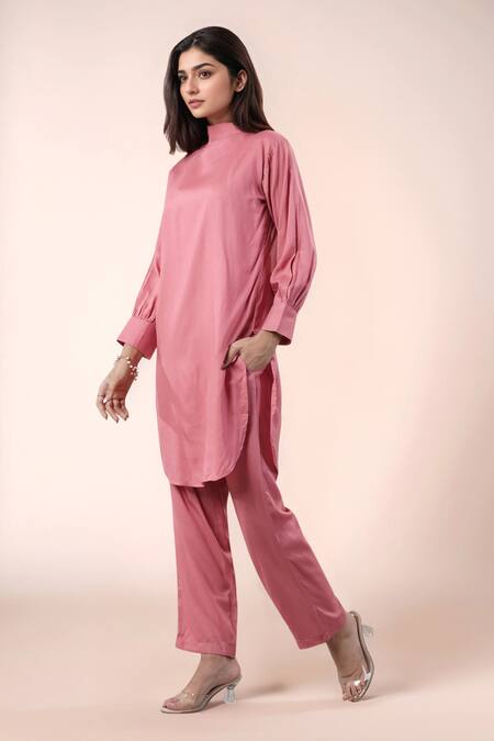 Buy_Naintara Bajaj_Peach Rayon, Cotton High Neck Designer Kurta Pant Set _Online_at_Aza_Fashions