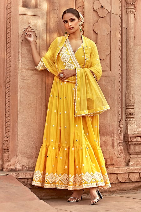 Preevin Yellow Cotton, Tulle, Net Embroidered Ruffle Hem Angrakha Anarkali With Dupatta 