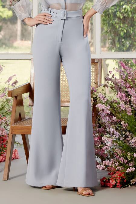 Shop_Parul And Preyanka_Blue Silk Organza, Crepe Fabric Flowers, Beads Ice Designer Shirt And Pant Set _Online_at_Aza_Fashions