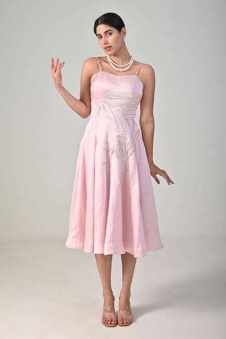 BAANI KHURANA_Pink Satin, Linen Pearls Scoop Neck Embroidered Dress _Online_at_Aza_Fashions