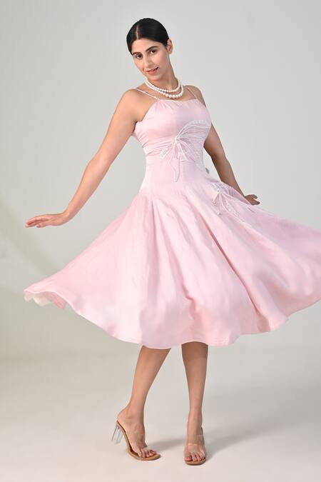 Buy_BAANI KHURANA_Pink Satin, Linen Pearls Scoop Neck Embroidered Dress _Online_at_Aza_Fashions