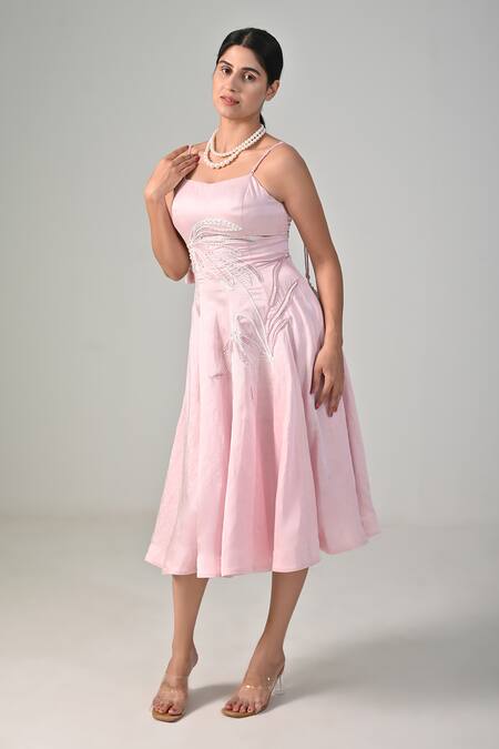 Shop_BAANI KHURANA_Pink Satin, Linen Pearls Scoop Neck Embroidered Dress _Online_at_Aza_Fashions