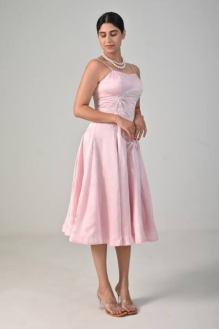 BAANI KHURANA_Pink Satin, Linen Pearls Scoop Neck Embroidered Dress _at_Aza_Fashions