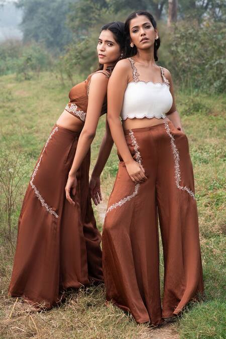 Kushani_Ivory Linen, Silk, Satin Embroidery Scoop Neck Floral Crop Top And Trousers Set _Online_at_Aza_Fashions