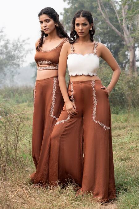 Buy_Kushani_Ivory Linen, Silk, Satin Embroidery Scoop Neck Floral Crop Top And Trousers Set _Online_at_Aza_Fashions