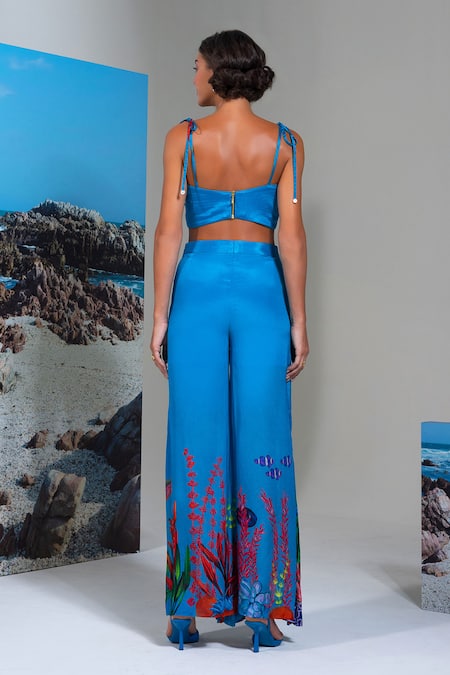 Shop_Nautanky_Blue Chiffon Embroidery Sweetheart Neck Lagoon Pant Set _at_Aza_Fashions