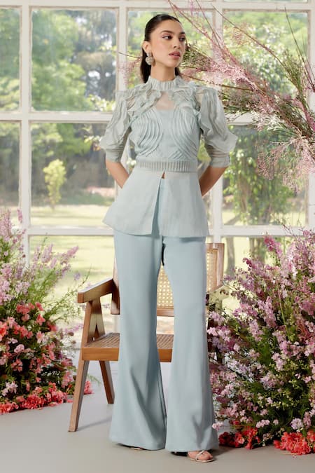 Parul And Preyanka Frill Detail Blue Co-ord Set 