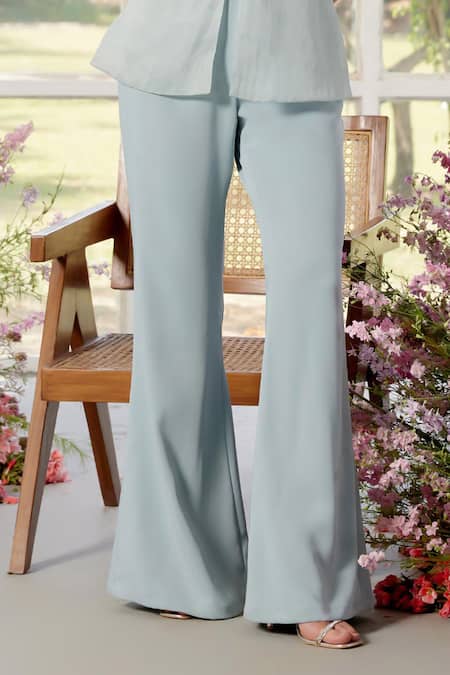 Buy_Parul And Preyanka_Blue Silk Organza, Crepe Embroidery High Neck Frill Detail Co-ord Set _Online_at_Aza_Fashions