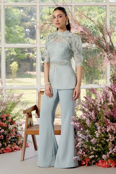 Shop_Parul And Preyanka_Blue Silk Organza, Crepe Embroidery High Neck Frill Detail Co-ord Set _Online_at_Aza_Fashions