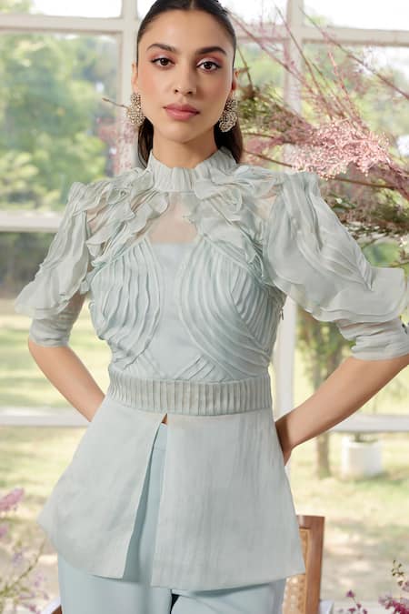 Parul And Preyanka_Blue Silk Organza, Crepe Embroidery High Neck Frill Detail Co-ord Set _at_Aza_Fashions