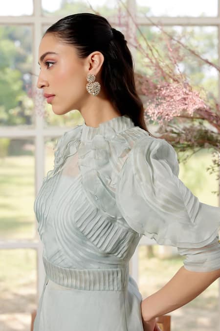 Buy_Parul And Preyanka_Blue Silk Organza, Crepe Embroidery High Neck Frill Detail Co-ord Set 