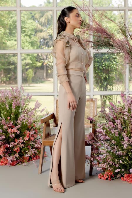 Parul And Preyanka Beige Floral Applique Shirt & Pant Set 