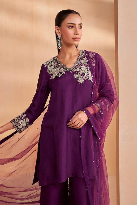 Aakansha Gupta_Purple Silk, Tulle Embroidery, Sequins Round Neck Elara Kurta Set _Online_at_Aza_Fashions