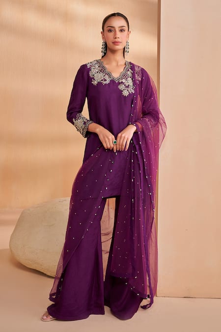 Aakansha Gupta Purple Silk, Tulle Embroidery, Sequins Round Neck Elara Kurta Set