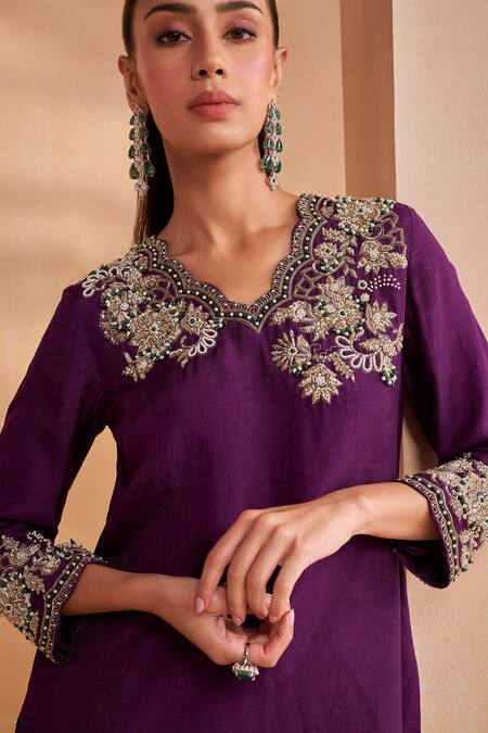 Aakansha Gupta_Purple Silk, Tulle Embroidery, Sequins Round Neck Elara Kurta Set _at_Aza_Fashions